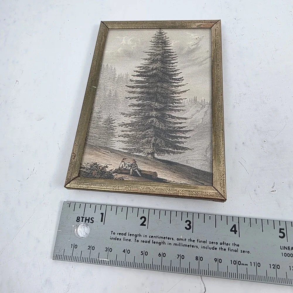 Vintage Brass‎ Embossed Frame Forest Tree Art Print Glass Front 3.75